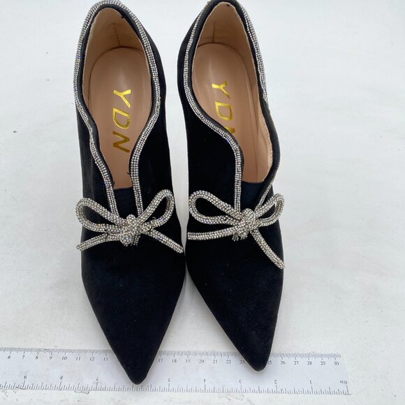 YDN Black Suede Pointed Toe Studded Pumps V Cut Stiletto Heels Rhinestone Shoes - Picture 3 of 7